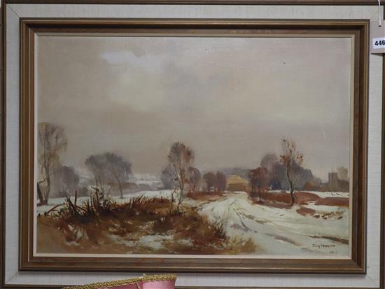 Jack Merriott (1901-1968), oil on canvas board, Winter landscape, 47 x 68cm